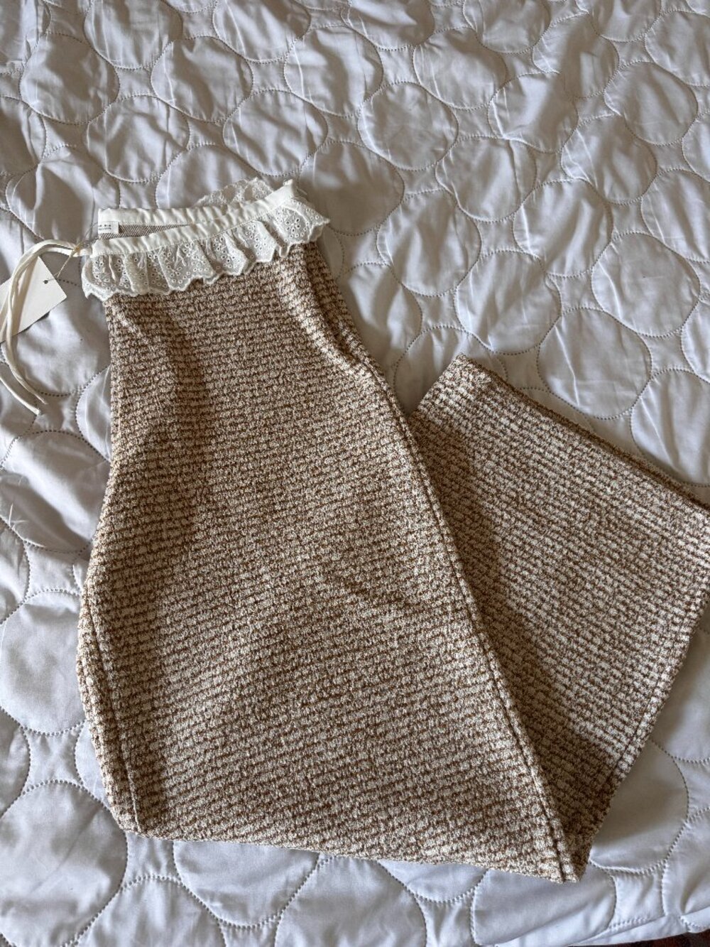 Zara Brown & Cream Tweed Lace Trim Wide Leg Pants Size L NWT